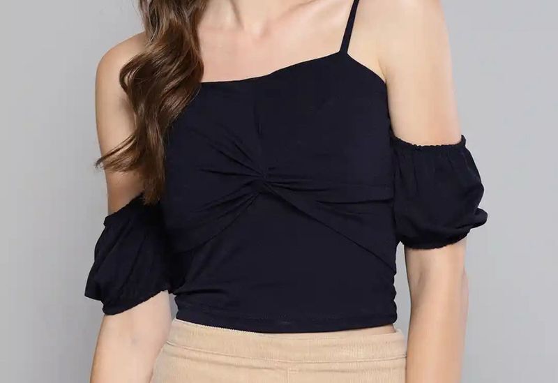 Navy Blue Bardot Crop Top with Bow | Sleeveless |