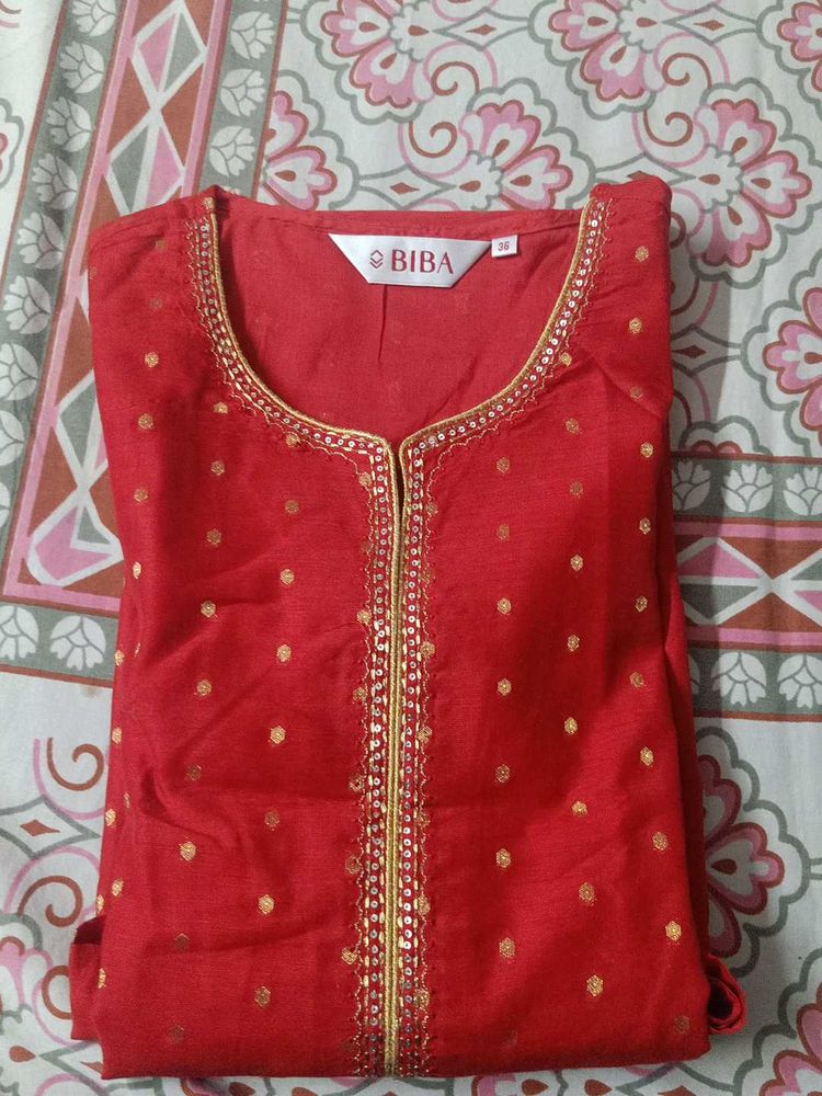 Biba Red &amp; Gold Embellished Kurta