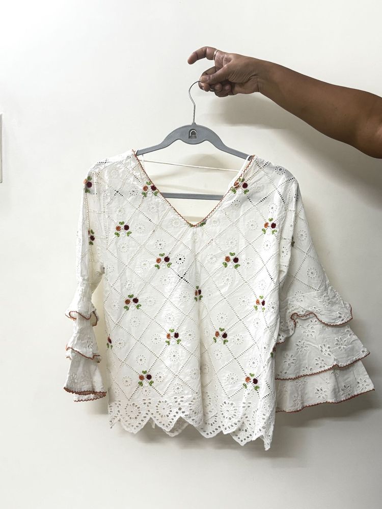 Banjara White Eyelet Top With Ruffle Sleeves
