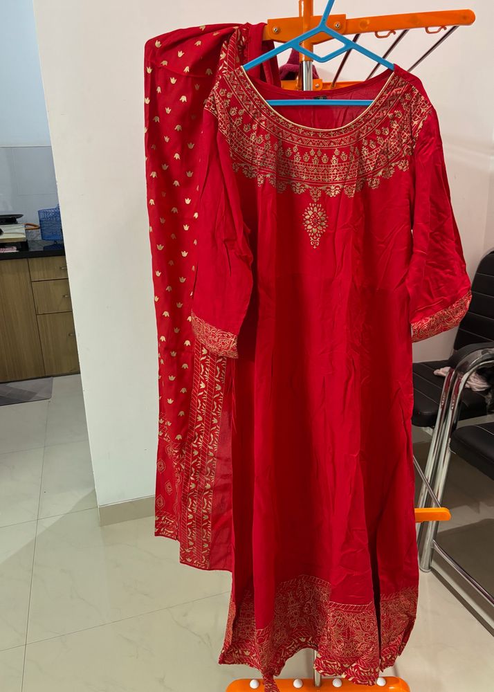 Red Full-Length Gown with Golden Print