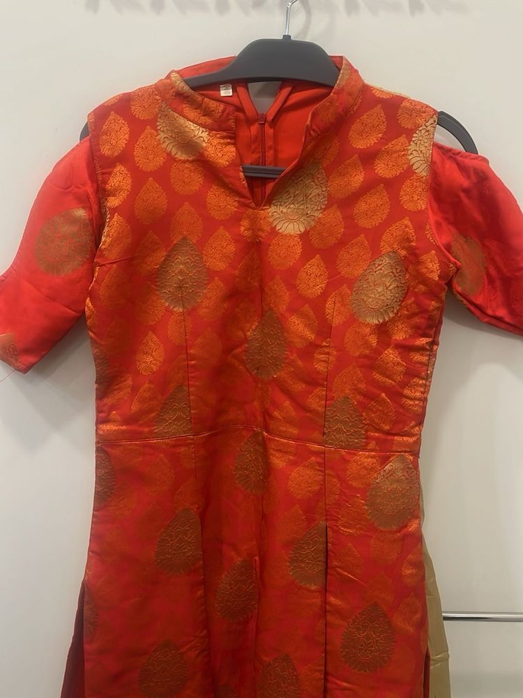 2 Piece Gold-spot Orange Long frock