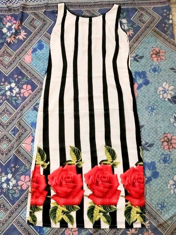 Striped Rose Print Long Kurti
