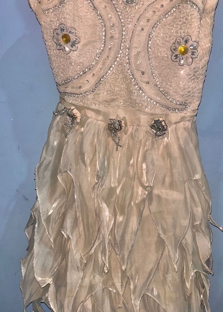 White Party Wear Designer Dress with Beads &amp; Flora