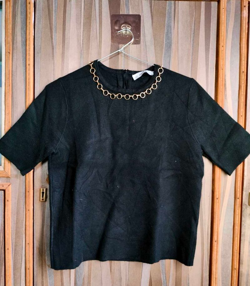 Zara Black Short Sleeve Top with Chain Detail