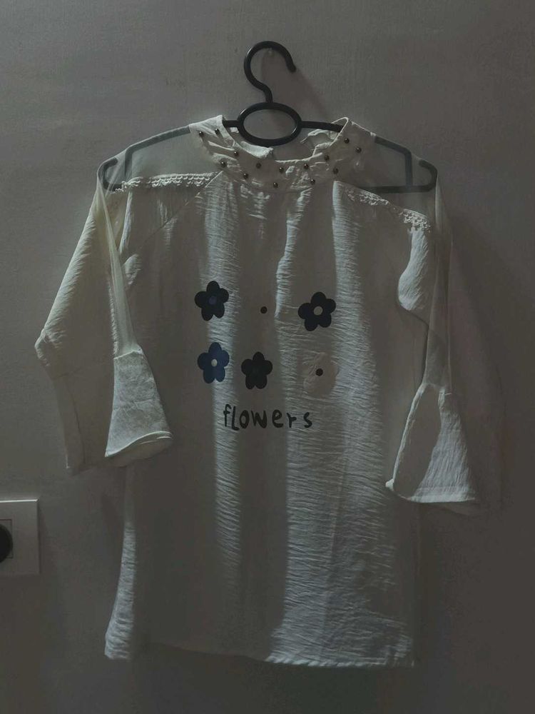 Office White High Necked Net Top With Floral Sleev