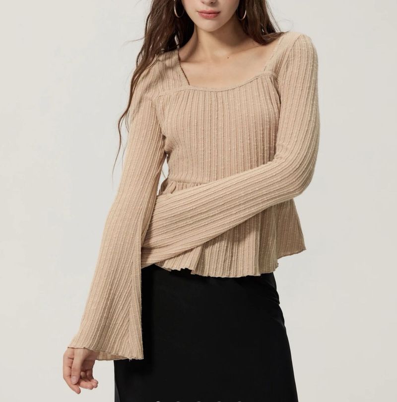 Ribbed Square Neck Ruffle Top