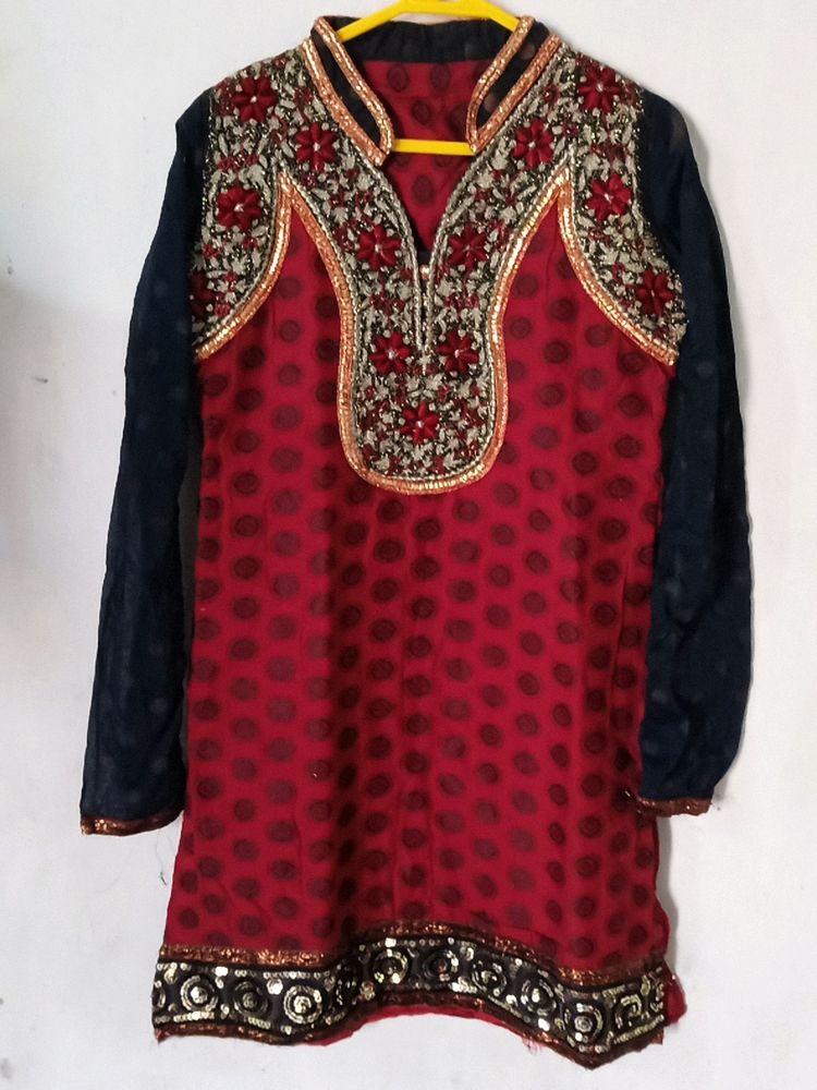Red Kurti || Printed And Worked