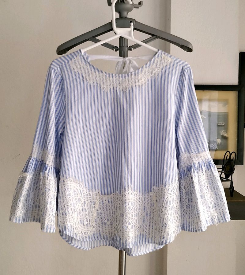 Zara Blue Striped Lace Trim Top