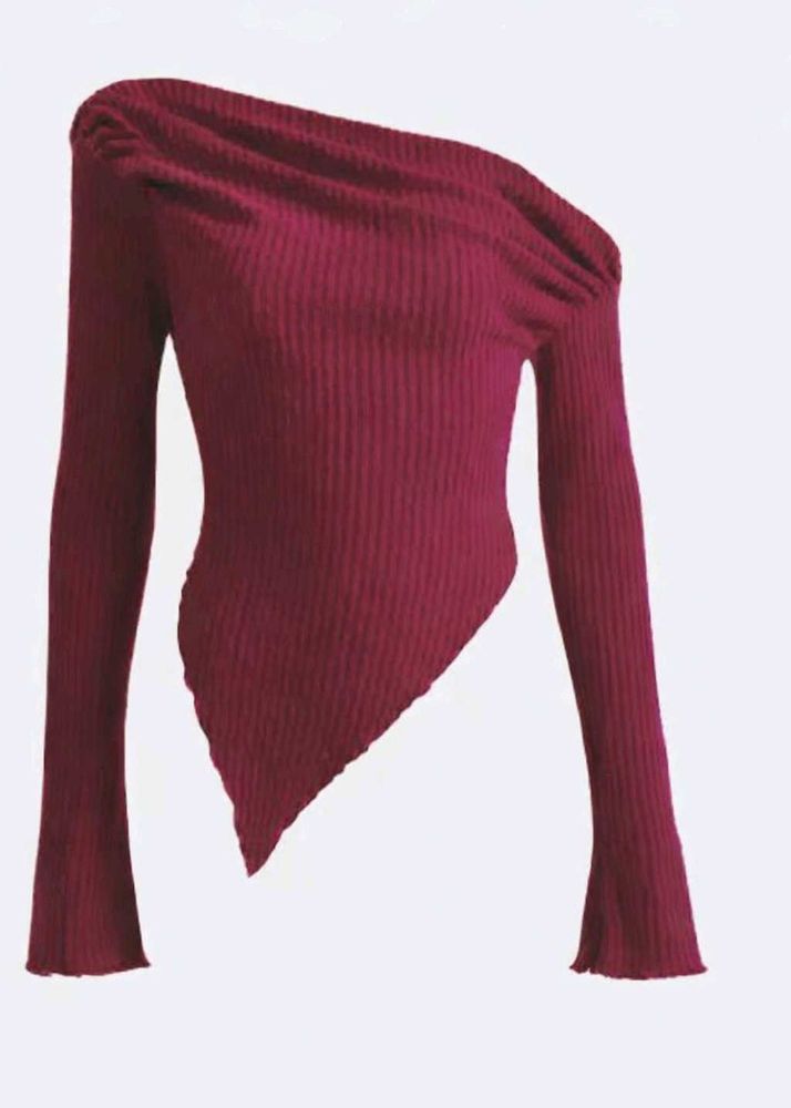 Burgundy One-Shoulder Long Sleeve Top