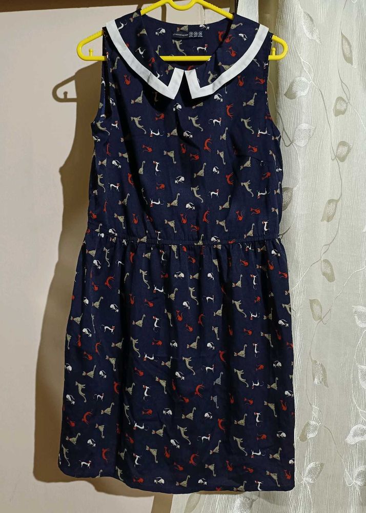 Navy Blue Cute Cat Print Collar Sleeveless Dress