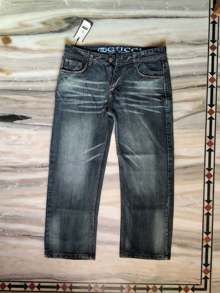Men&#39;s Dark Wash Distressed Denim Jeans with Gucci