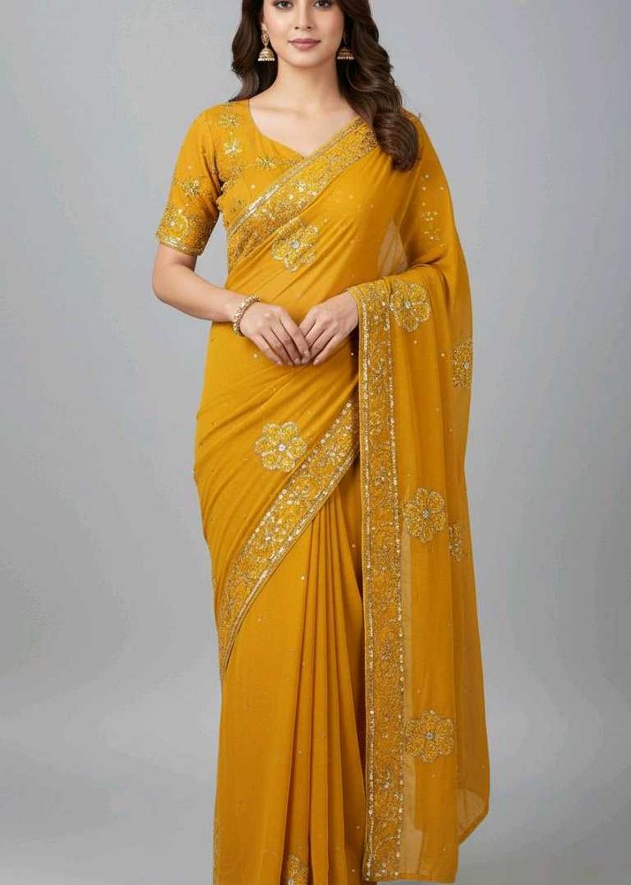 ⭐️Elegant Yellow Saree with blouse ⭐️