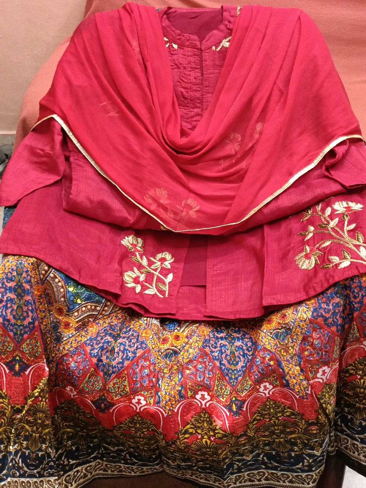Ghagra - Top(Red)+Bottom(Multi-color)+Dupatta(Red)