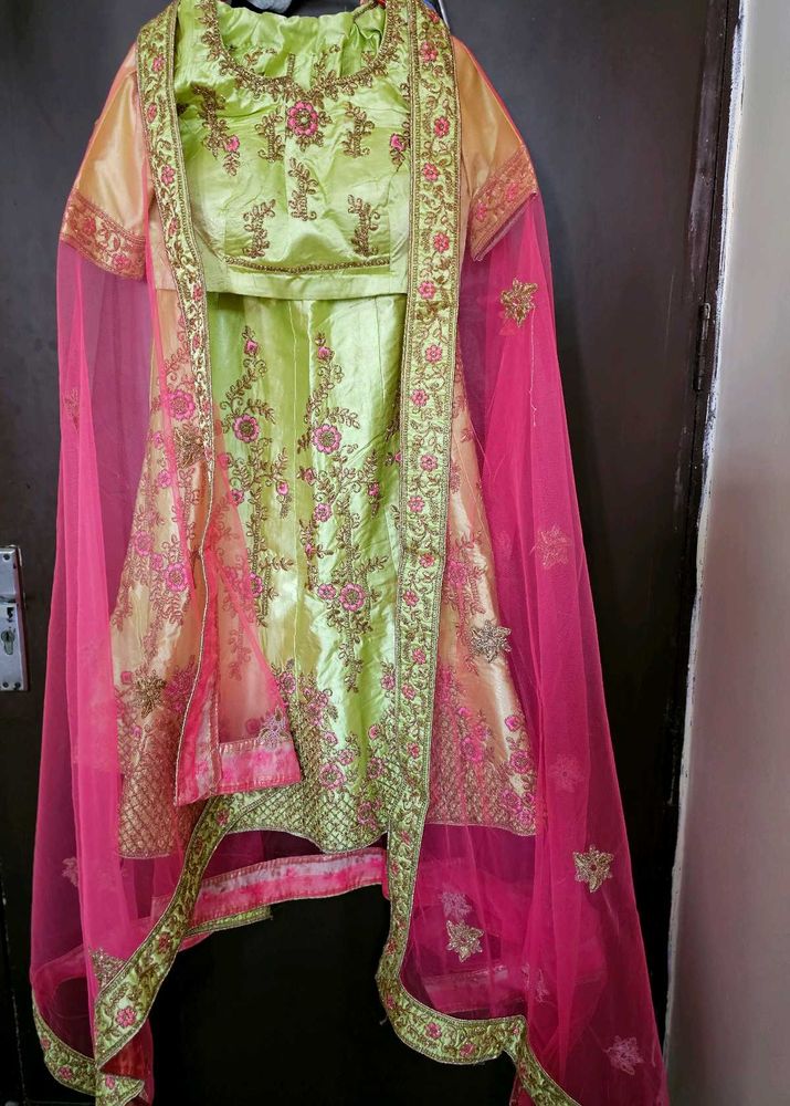 Green &amp; Pink Embroidered Lehenga , ready to wear