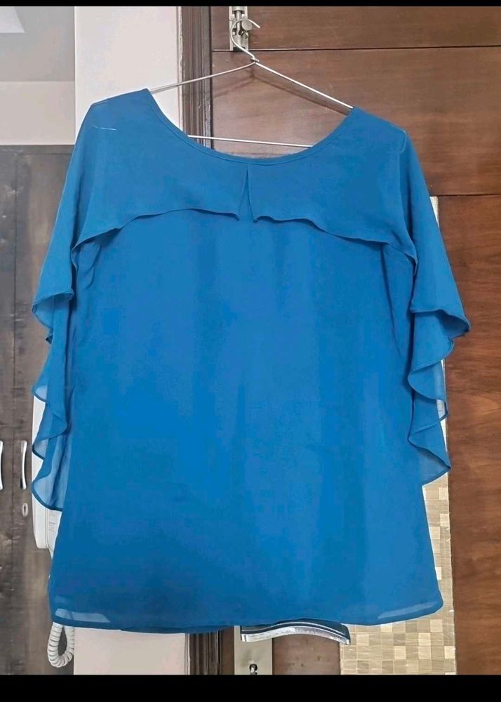 Blue Ruffled Sleeve Top