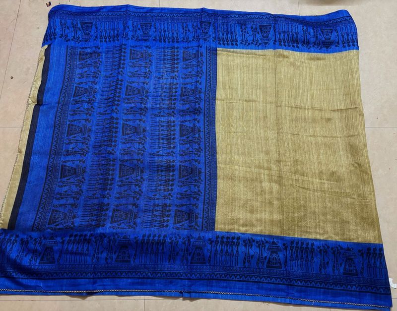 Elegant Blue &amp; Gold varli painting Saree