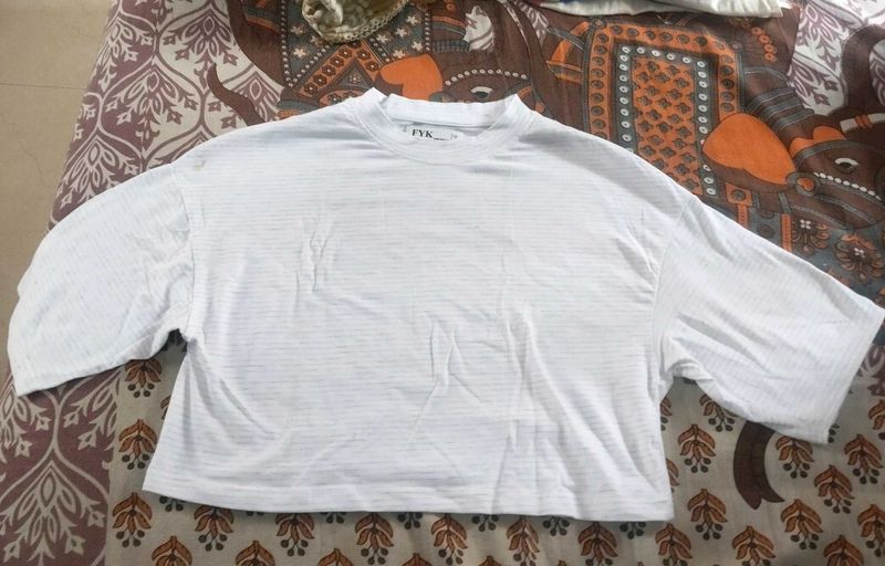 White Striped Cropped Oversized Tee