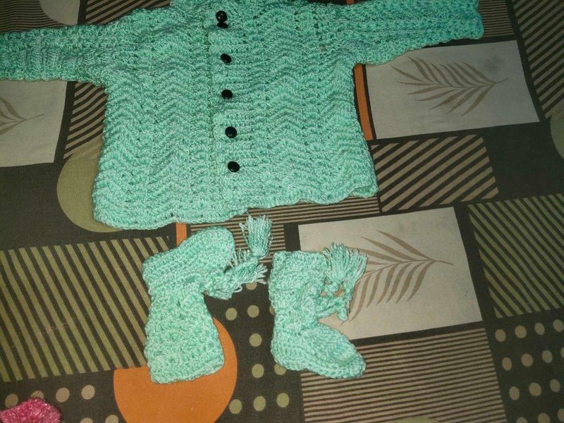 Kids Handknit Crochet Set With Booties Hat