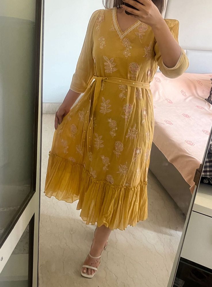 mustard  Ethnic dress  with hand embroidery