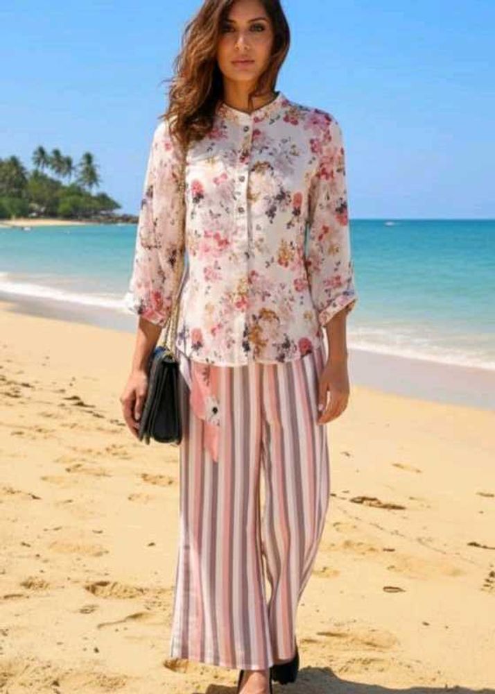 Floral Top &amp; Striped Pants Set🍂🍁
