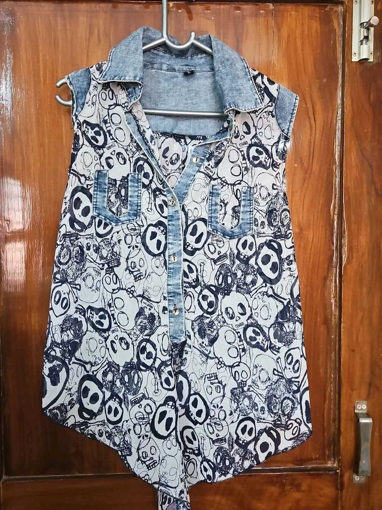 Skull Print Denim Top