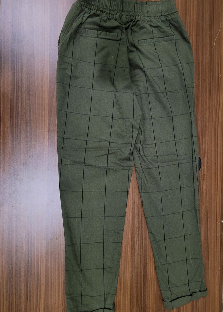 Olive Green Plaid Trousers From Pantaloons