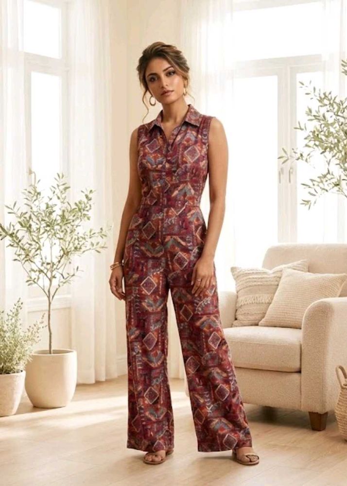 Trendy Boho Print Sleeveless Jumpsuit with Belt