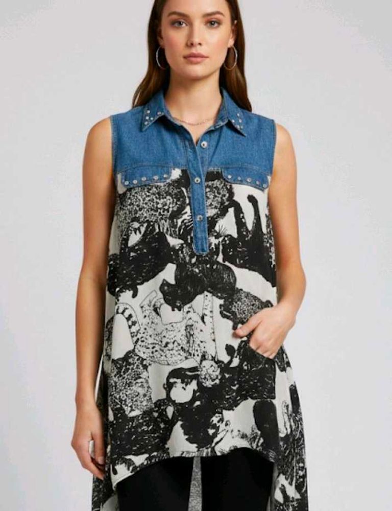 Denim Accent Sleeveless Tunic Top✨