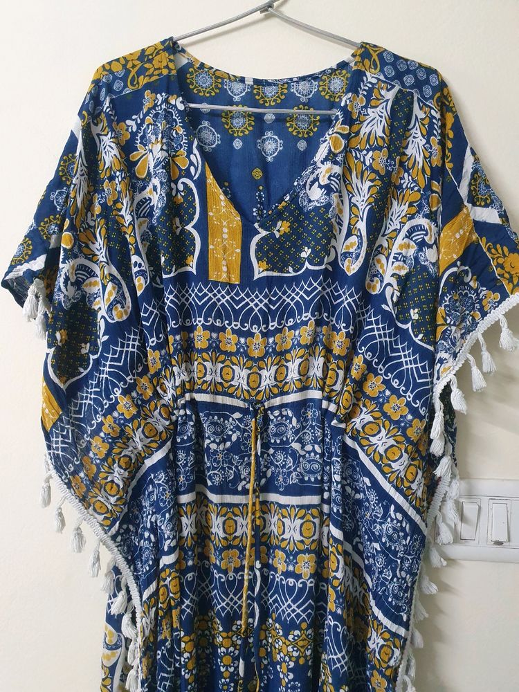 Printed Cotton Kaftan | Navy Blue And White