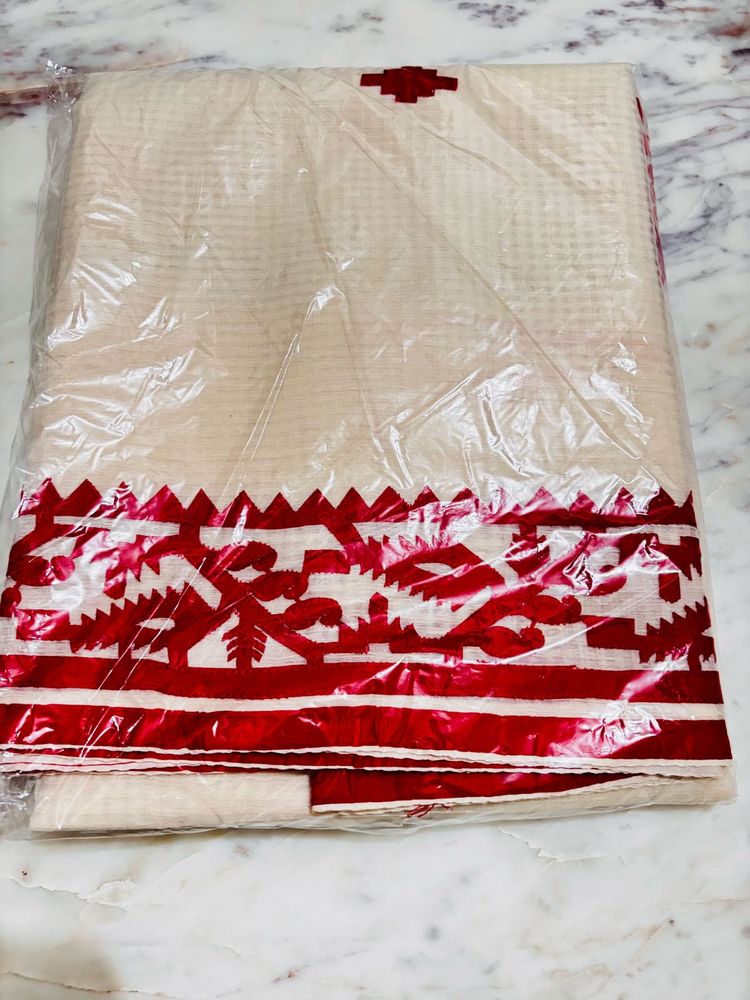 ❤️ Bengali Saree from Kolkata – Beige with Red Bor