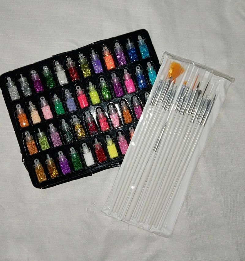 Combo Of New Nail Art Glitter And Brush Set