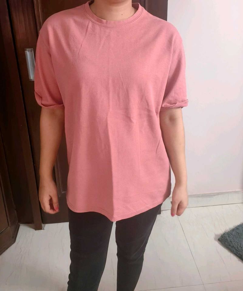 Women Pink Cotton Oversized Casual Tshirt
