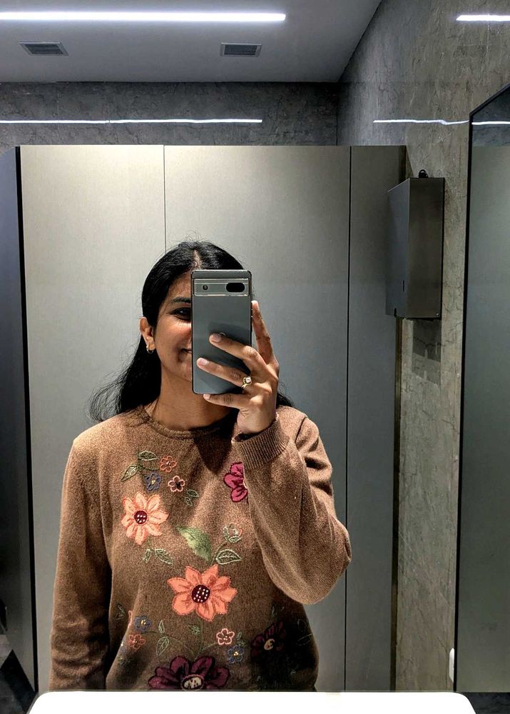 Floral Embroidered Brown Sweater