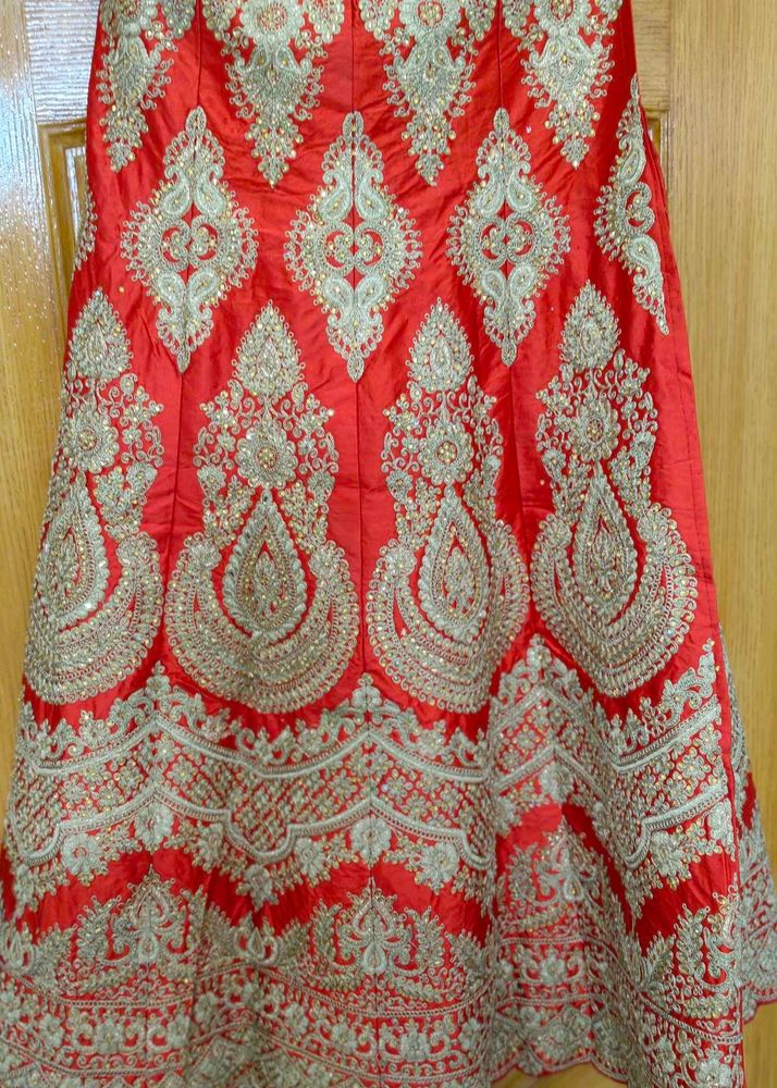 Coral  &amp; Gold Embroidered Unstitched Lehnga Set