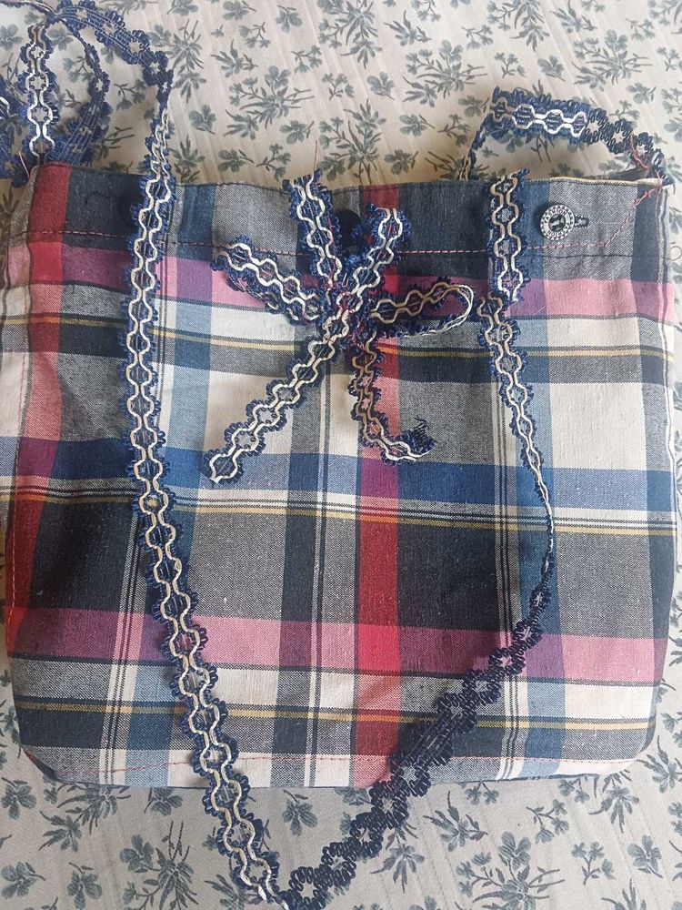 Plaid Tote Bag with Lace Detail