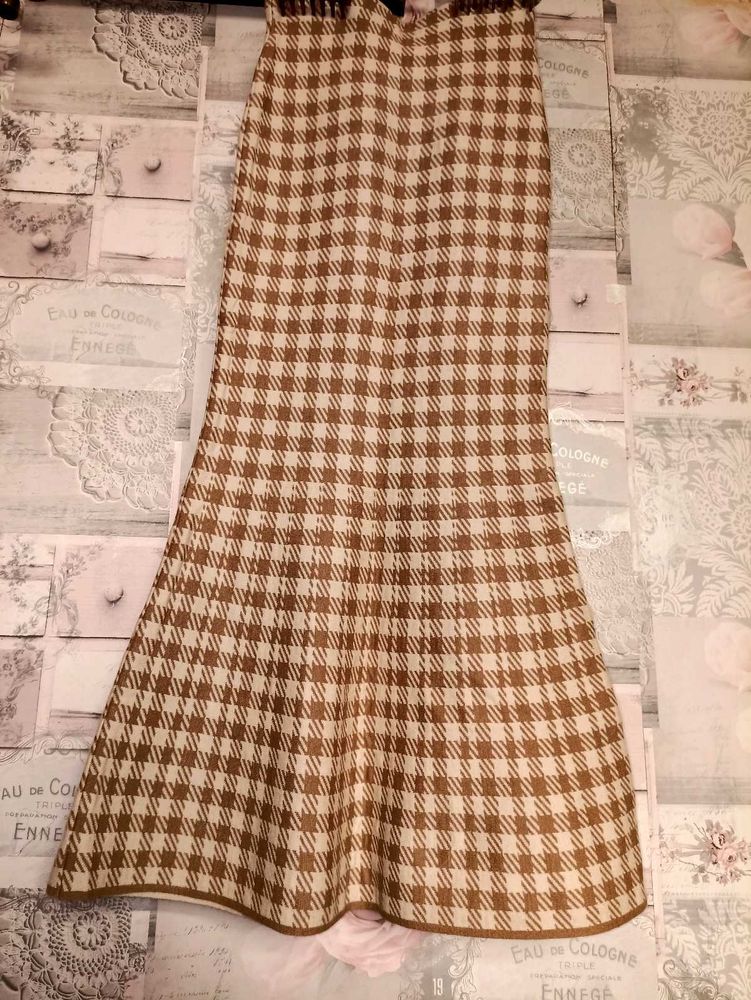 Woolen Brown Checked Midi Skirt