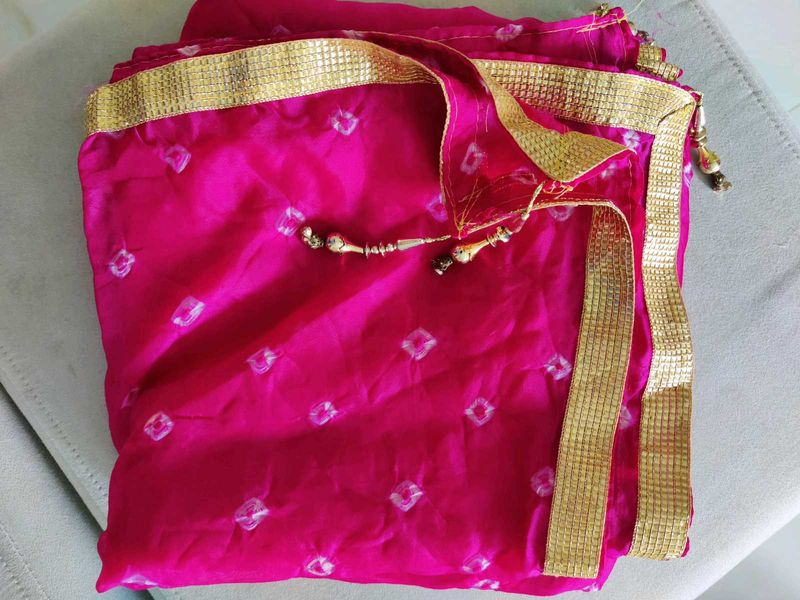 Pink Bandhani Dupatta w Golden Gota Patti &amp; Tassel
