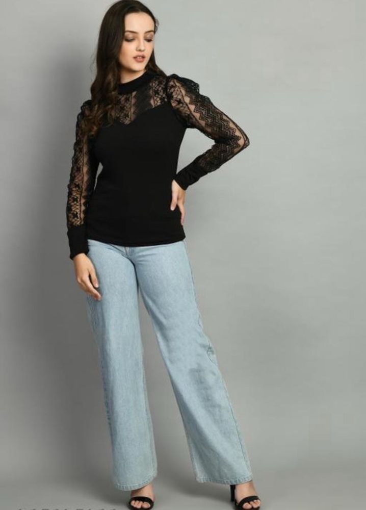 Lace Sleeve Mock Neck Top