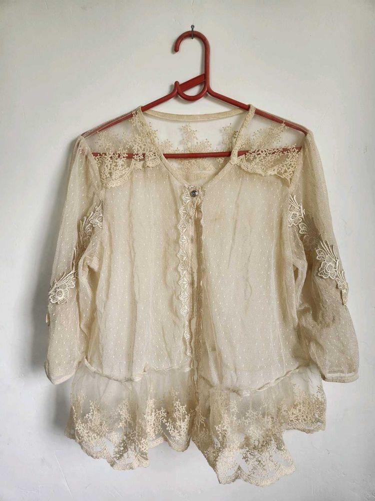 Sheer Lace Blouse with Polka Dot Detail