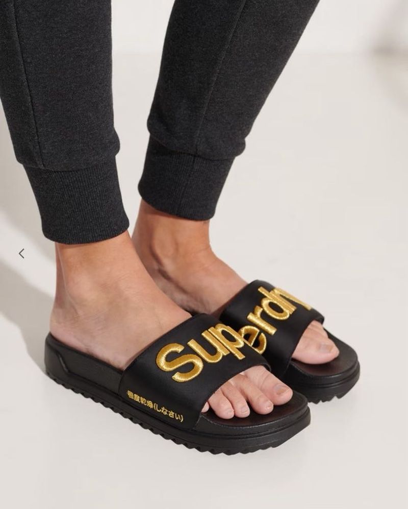 Superdry Embossed Typography Satin Flatform Slides