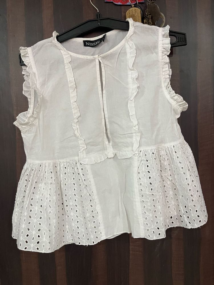 Nissie White Ruffle Eyelet Top