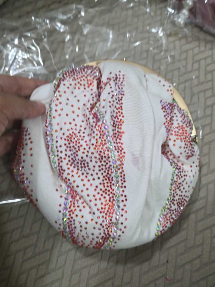 White Designer Potli Clutch With Pearl Handle