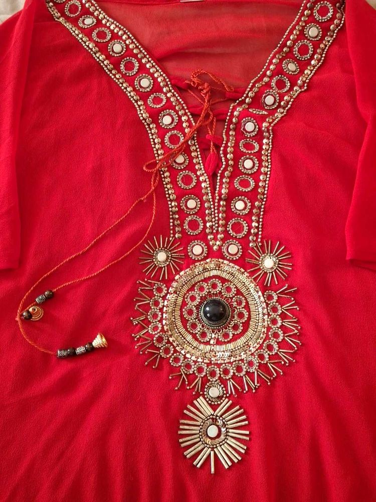 Red Embellished Kurta