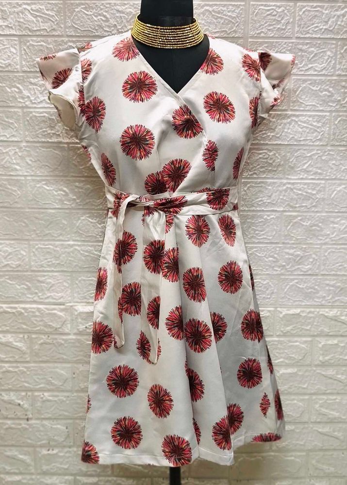 White Printed Dress With Belt