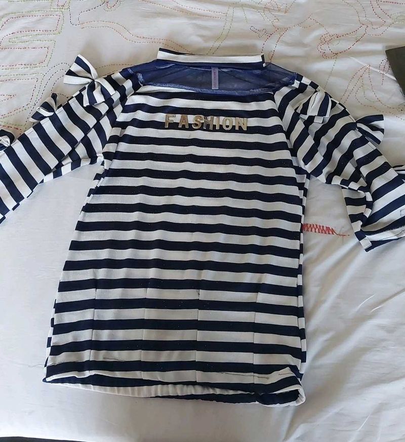 Blue And White Striped Cut Out Shoulder Top