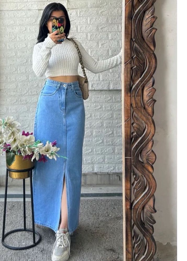 Zara Blue Denim Slit  Skirt