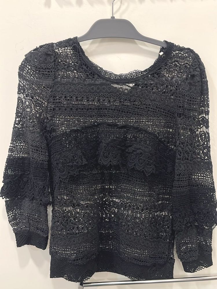 Black Knitted Lace Top