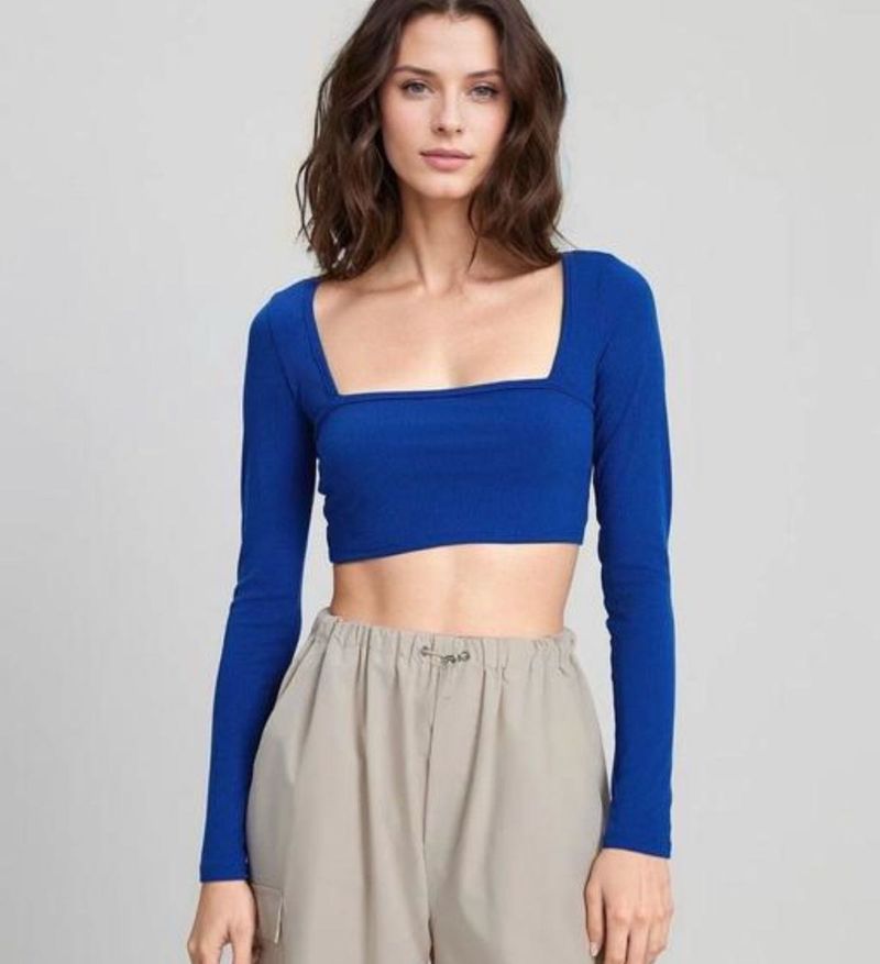 Blue Long Sleeve Crop Top