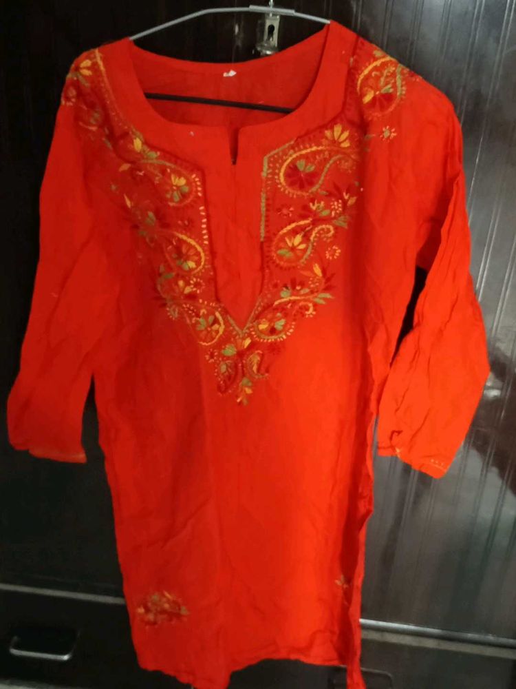 Embroidered Reddish Orange Kurta