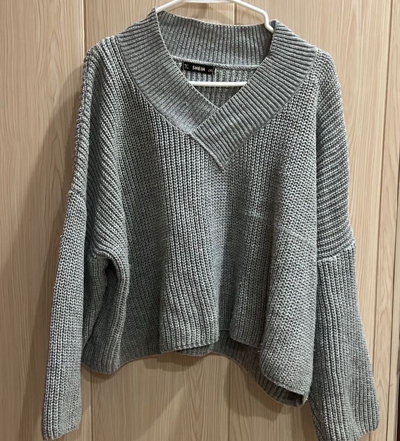 Grey Knit V-Neck Sweater
